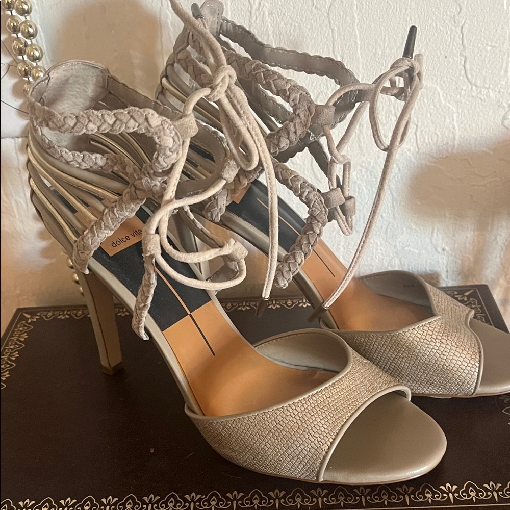 Dolce Vita Taupe Braided Lace-Up Heels